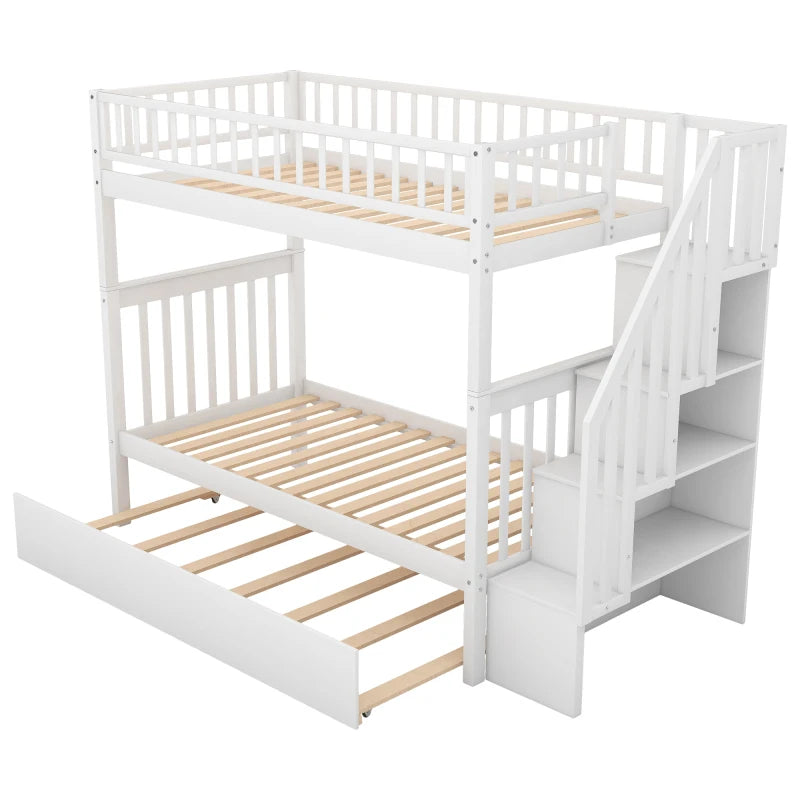 Twin Bunk Beds with a Trundle Bed & Open Staircase with Storage Shelves, Bedroom Furniture with Three Sleeping Areas