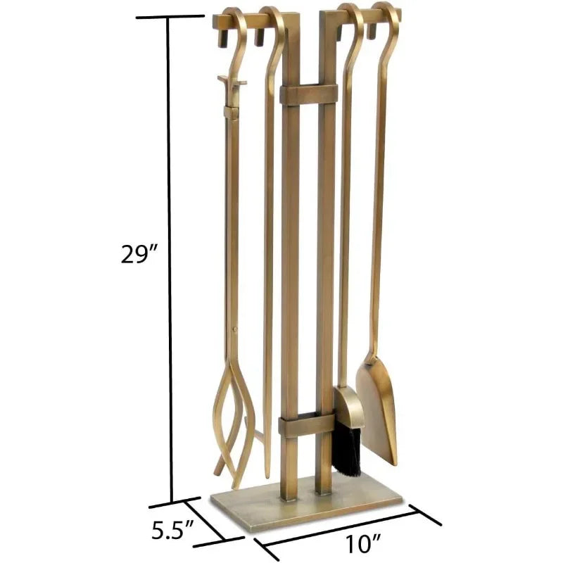 Burnished Brass Finish Fireplace Tool Set with Stand, 4 Fireplace Tools; Shovel, Brush, Tongs & Poker