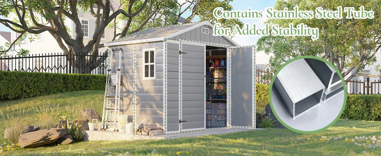 Resin Storage Tool Shed 6' x 8' with Floor, Vents & Window, Door Frame & Connecting Panels are Reinforced with Stainless Steel Tubes