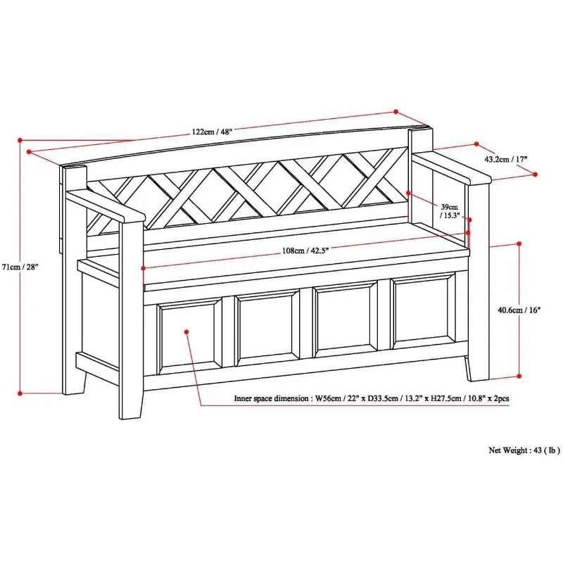 48" Wide Entryway Bench with Hidden Storage Compartments under a Safety Hinge Lift Top, Framed Square Front Panels & X Design Backrest