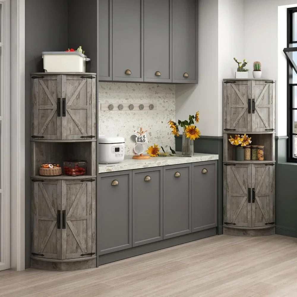 Space Saver Corner Cabinet with Right-Angle Design, 2 Enclosed Cupboards with 4 Barn Style Doors & Open Storage Shelf