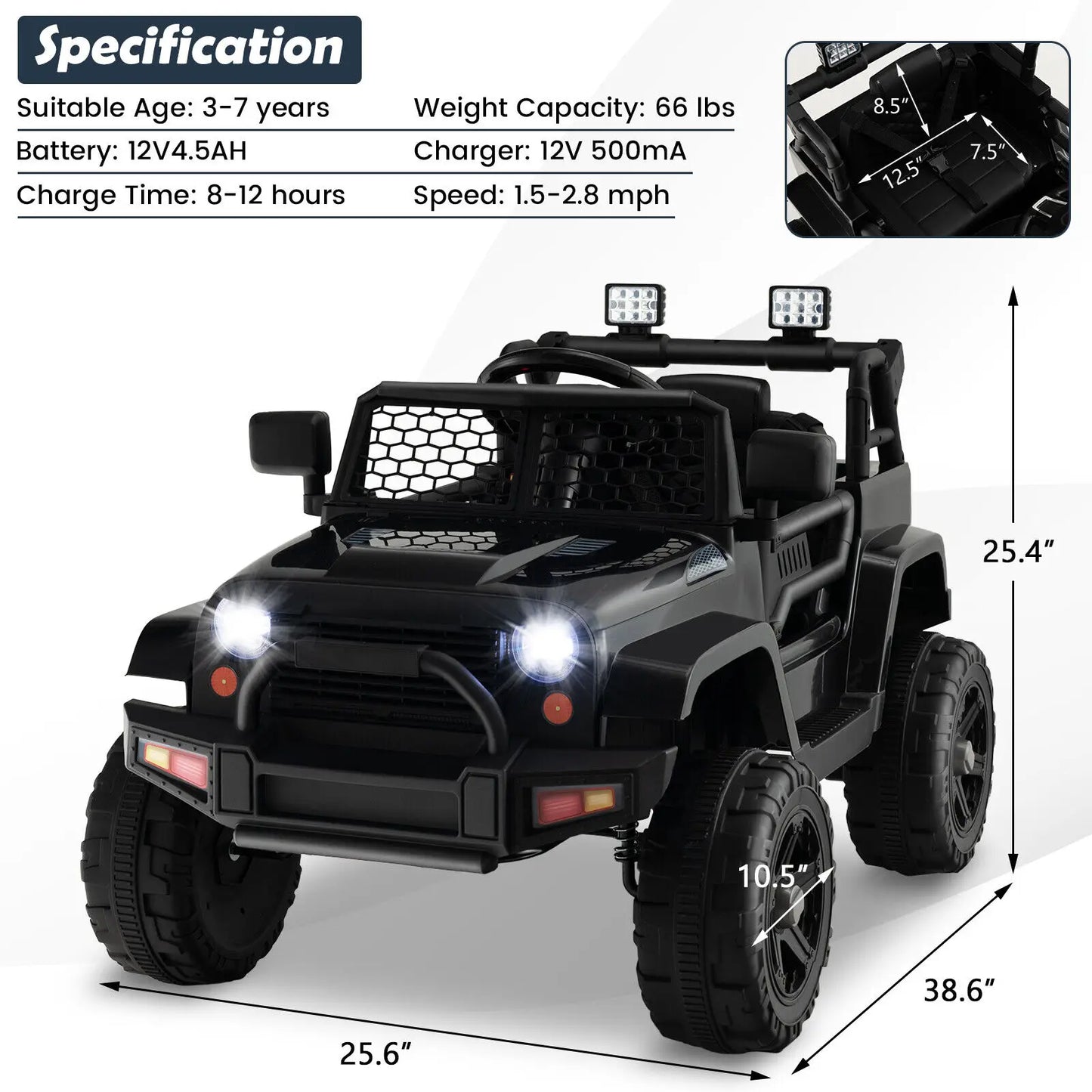 Midnight Edition Electric 12V Kids Ride On with 4 Spring Shocks, Remote Control, Lockable Doors & Screen Style Windshield