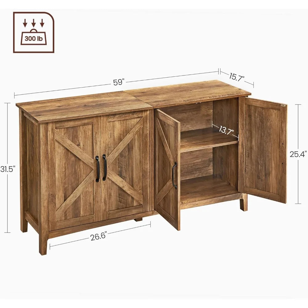 Buffet Sideboard Kitchen 4-Door Cabinet with Adjustable Shelves, Metal Handles & Cable Management