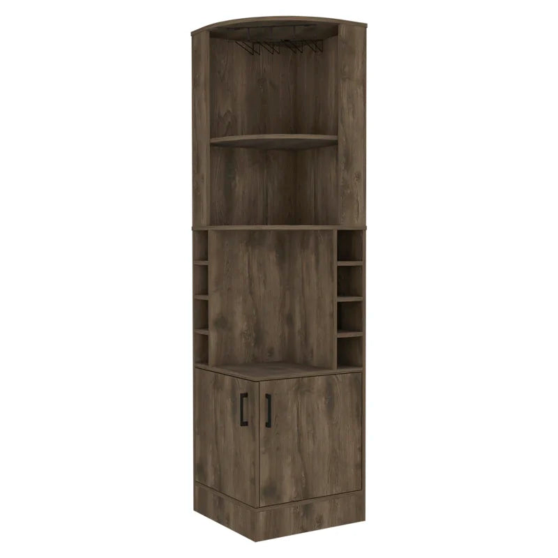 Corner Bar Cabinet with Wine Glass Rack, 8-Bottle Storage Cubbies, 2 Lower Cabinet Doors & 3 Display Shelves