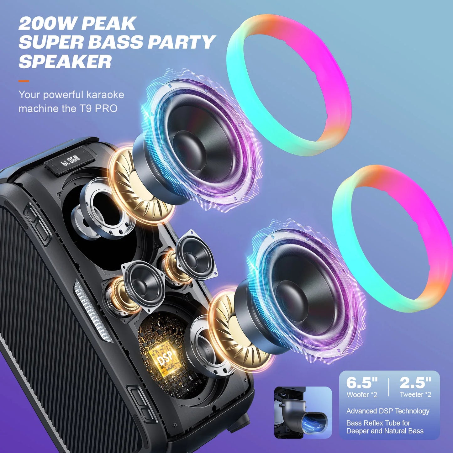 Big Party 250W Peak Large Bluetooth Speaker, Thunderous 120dB Sound, 12 Custom Bass Settings, Colorful Beat Lights, Bluetooth 5.3