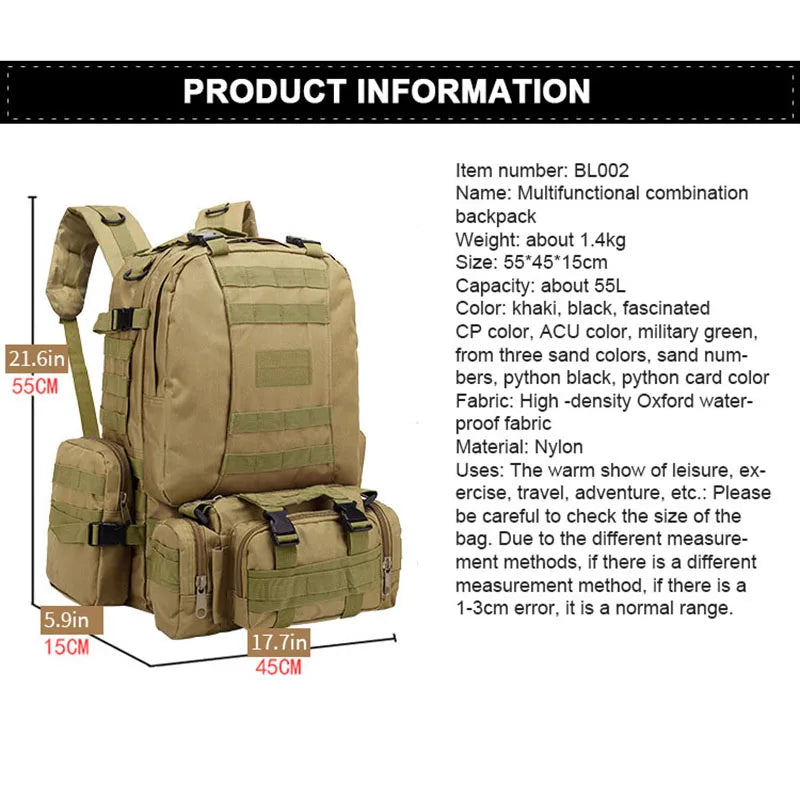 Men's Large Capacity 55L Tactical Backpack, Waterproof