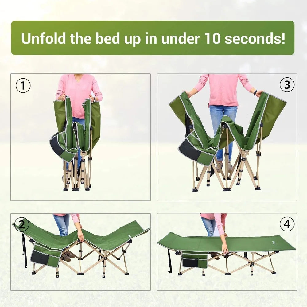 Extra Wide Portable Camping Cot with 2 Side Pockets, Folds Up & Slides into the Carry Bag in 10 Seconds