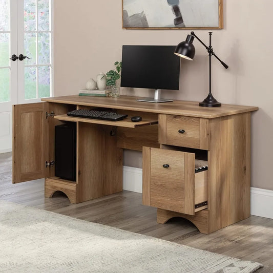 Timber Oak Finish Computer Desk with Slide-Out Keyboard Shelf, 2 Drawers & Behind the Door Computer Tower Storage