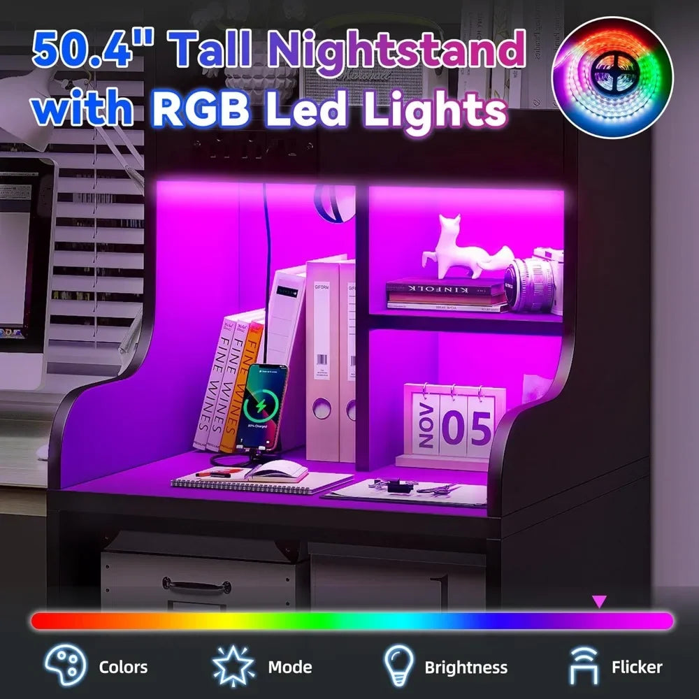 Tall 50.4" Nightstands with Charging Station, 20 Colors RGB LED Lights, 2 Drawers, Shelves, 2 USB Ports & 2 Outlets