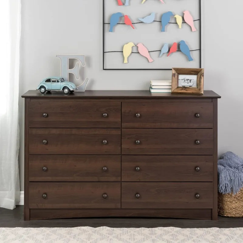 Espresso Finish Modern Bedroom Dresser with 2 Columns of 4 Full-Size Drawers & Antique Bronze Finished Knobs