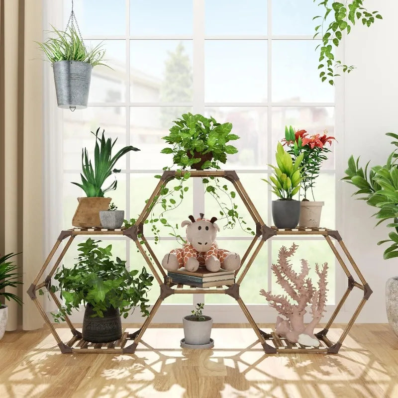 Indoor or Outdoor Hexagonal Plant Stand, 100% Natural Wood, 9,11 & 13 Tiers