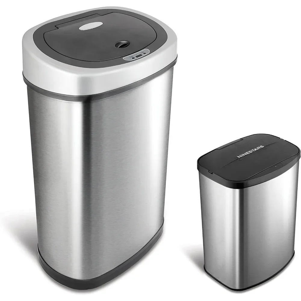 Touchless Infrared Motion Sensor Trash Can Combo Set, 13 Gallon & 2 Gallon, Stainless Steel D-Shaped Non-Skid Base & Fingerprint Resistant