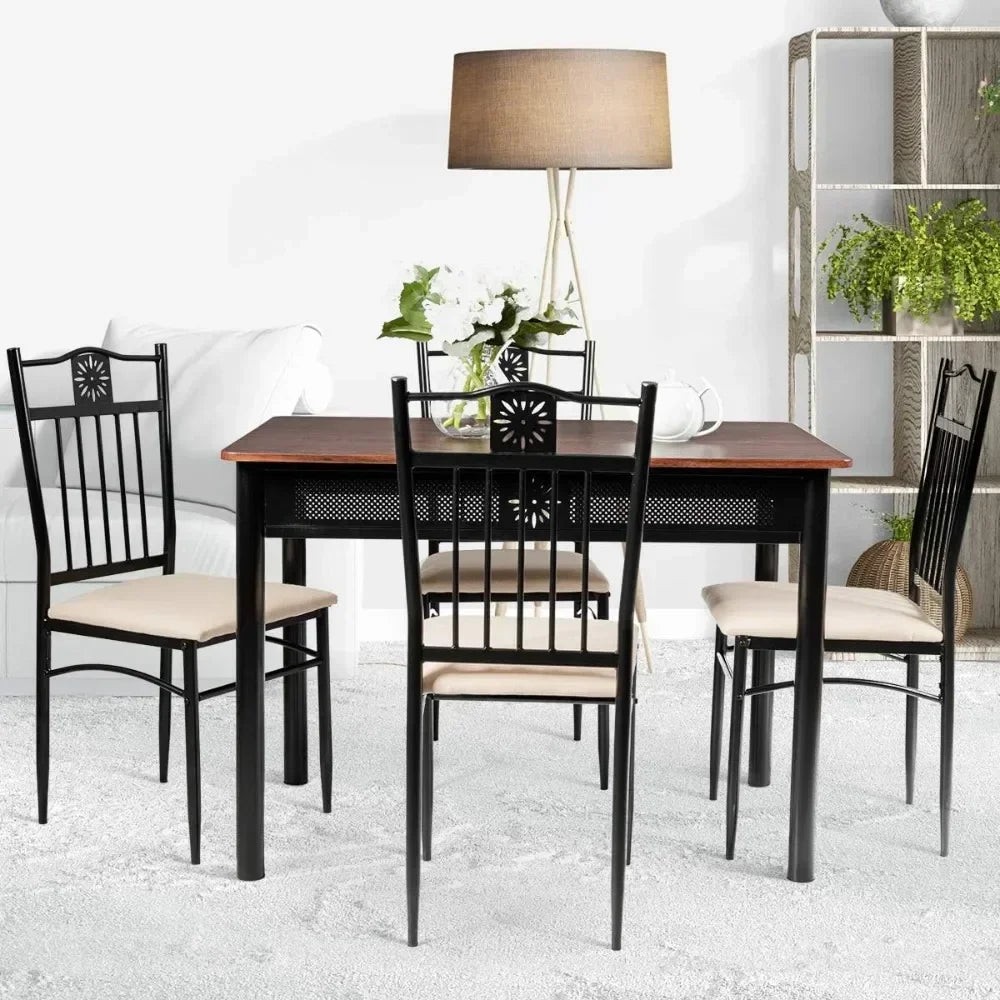 5-Piece Dining Table & Chair Set with Vintage Wood Finish Table Top, Metal Frame & Upholstered Seat Chairs