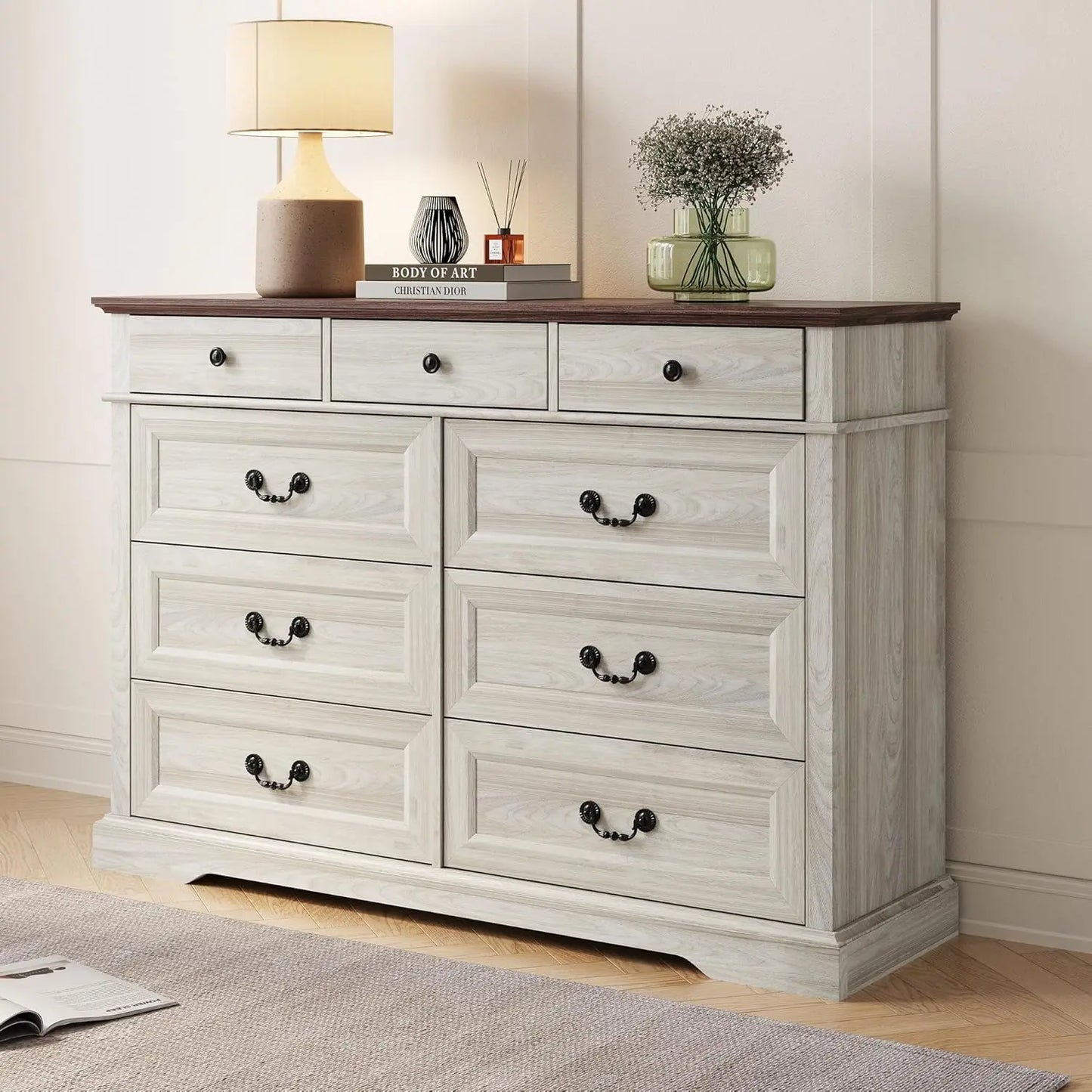 Farmhouse 9 Drawer Dresser for Bedroom with Natural Wood Grain, Antique Metal Finish Pull Handles & Waterproof Top