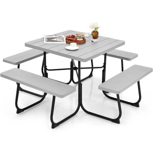 Outdoor Square Picnic Table with 4 Built-in Benches, Umbrella Hole, Metal Frame & HDPE Tabletop & Bench Seats