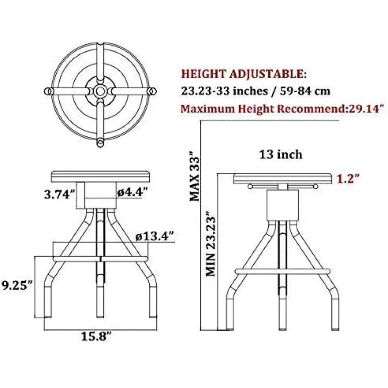 Industrial Bar Stool, Swivel Wood Seat, Height Adjustable 33"-23", 2pcs