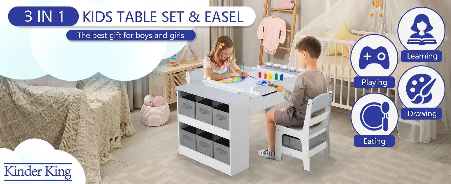 3 in 1 Kids Art Table & Easel Chair Set, Wood Children Activity Table with 6 Storage Bins, 6 Paint Cups & 2 Chairs with Storage Drawers