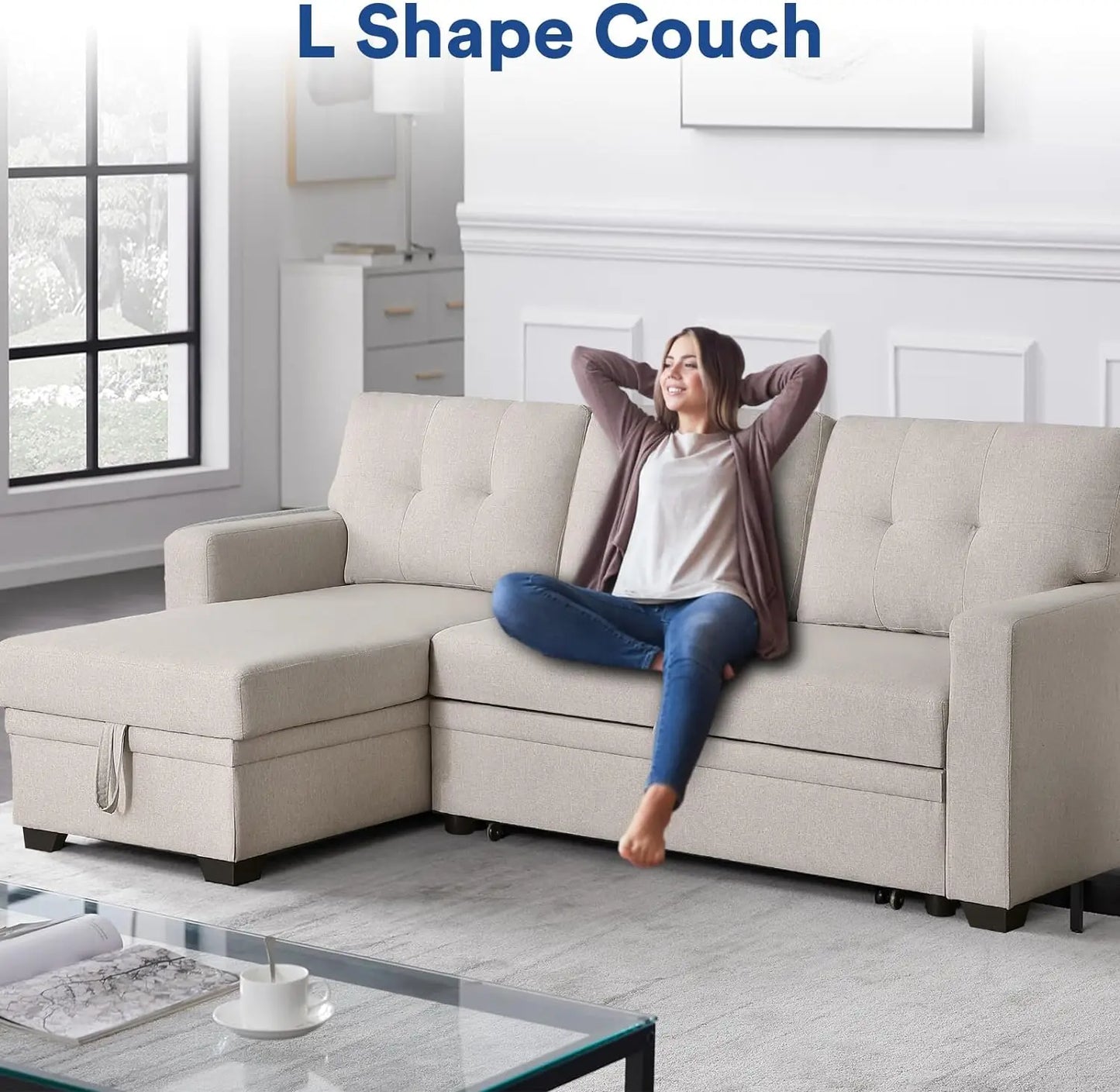 L-Shaped Chaise Couch with Storage & Pull Out Bed, Multifunctional Comfy Sectional Sleeper Sofa