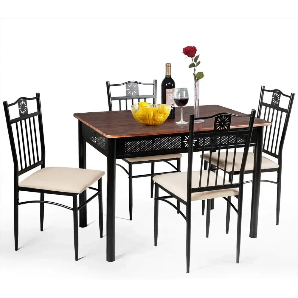 5-Piece Dining Table & Chair Set with Vintage Wood Finish Table Top, Metal Frame & Upholstered Seat Chairs