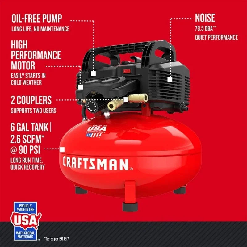 Portable Pancake Air Compressor 6 Gallon, No Maintenance Oil-Free Pump with 13pc Accessory Kit