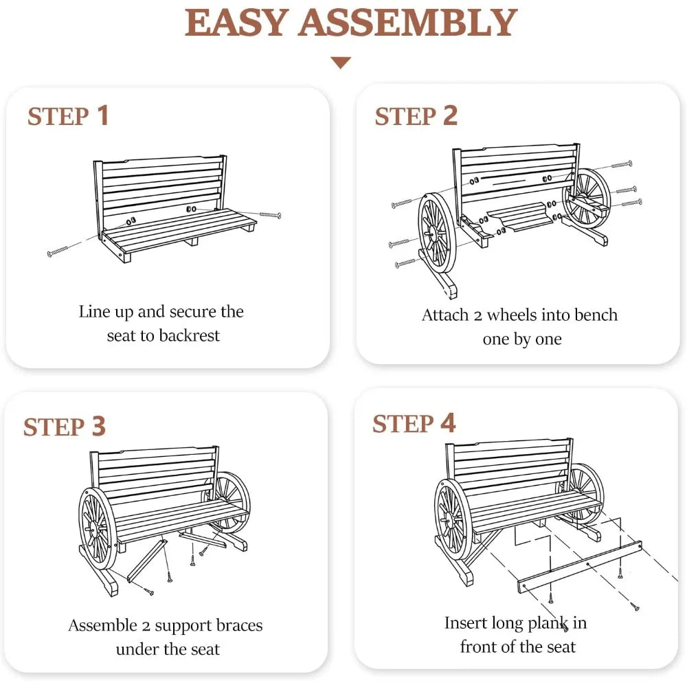 Outdoor Rustic Wood Bench with Wagon Wheel Arms, Carbonized Color Finish, Slatted Bench & Backrest, 3-Person Patio Bench