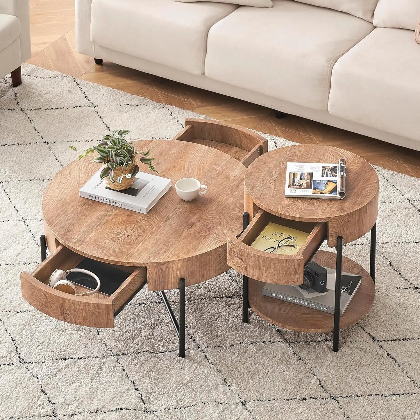 Natural Wood Grain Texture Round Coffee Table with Two Pull-Out Drawers & Metal Legs