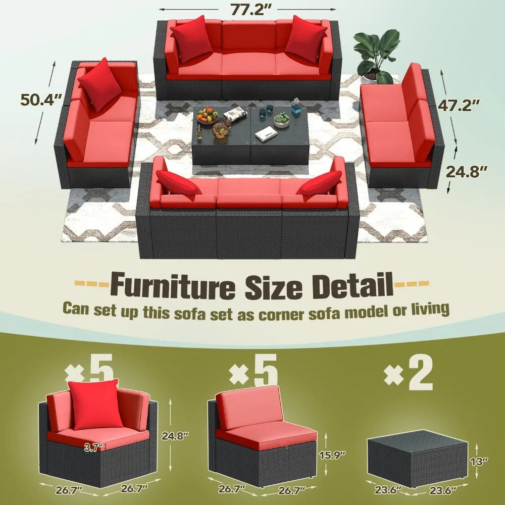 Patio Furniture 12-Piece Set, Outdoor PE Rattan Sectional Sofa with Thickened Cushions & Glass Top Coffee Tables