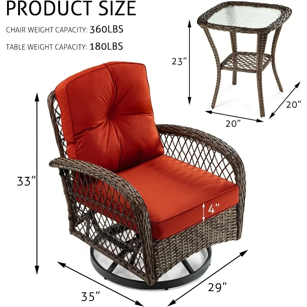 Glider 3 pc Wicker Set with Thick Cushioned Chairs & Wavy Glass Table Top, 360° Swivel Chairs That Rock Forward & Backward