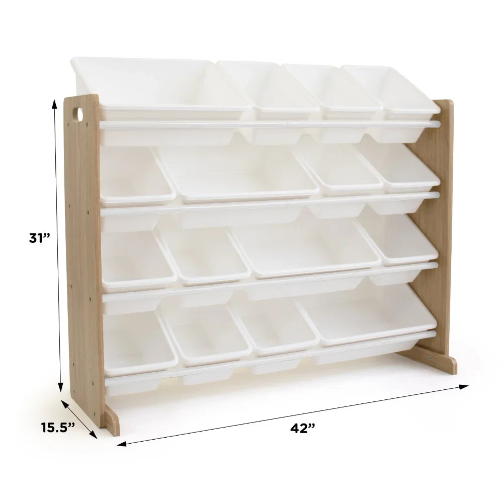 Kids Natural Wood Toy Storage Organizer with 4 Tiered Shelves & 16 White Plastic Storage Bins