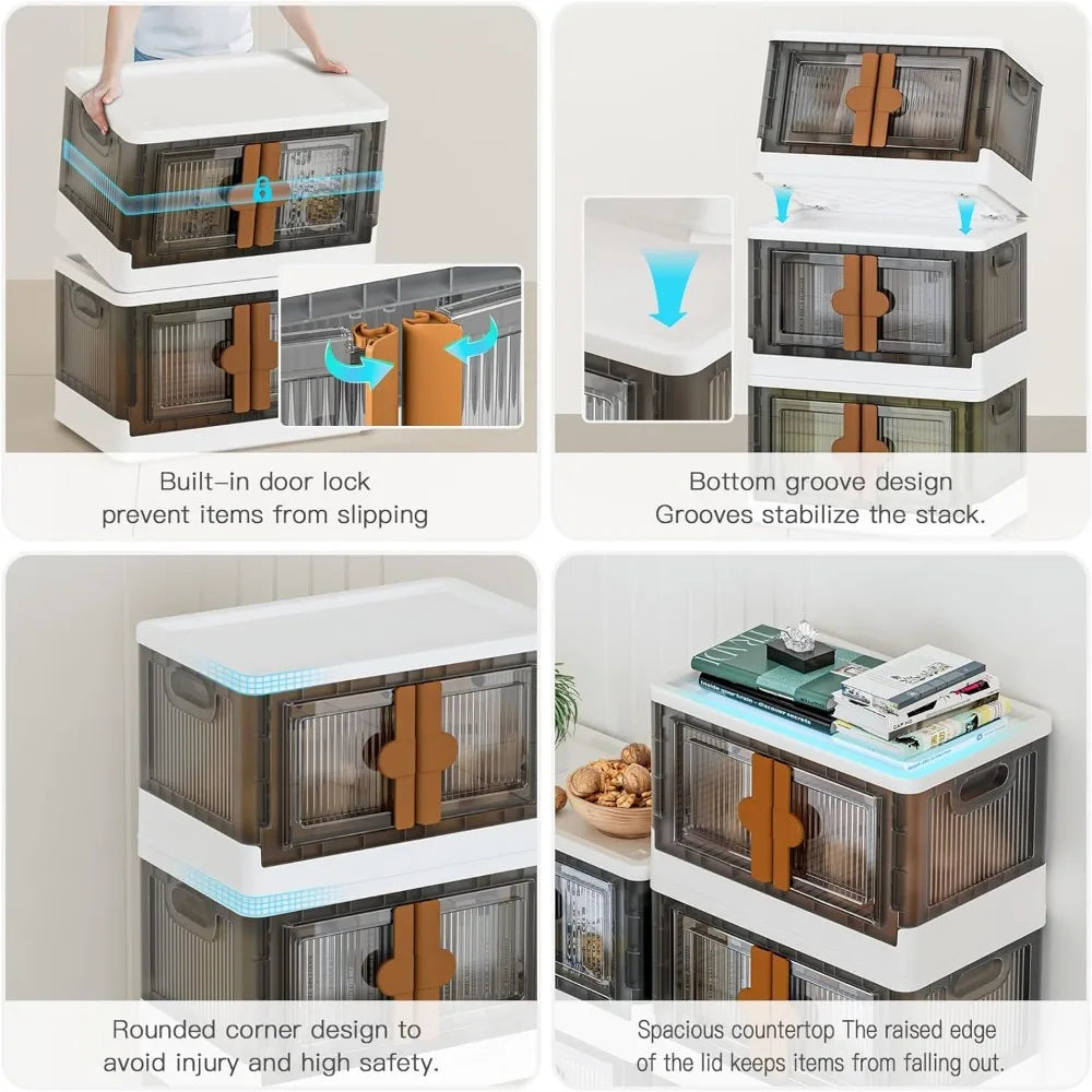 Collapsible & Stackable 34 Quart Storage Bins with Lids & Wheels, 2 Ways to Open; Top Lid or Front Side Doors, 6-Pack