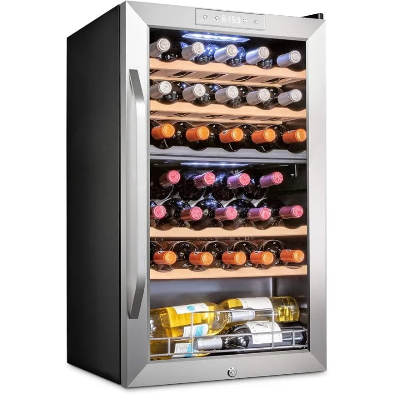 Wine Cooler Refrigerator holds 33 Bottles with Door Lock, Dual Zone Touch Control Temperature Setting