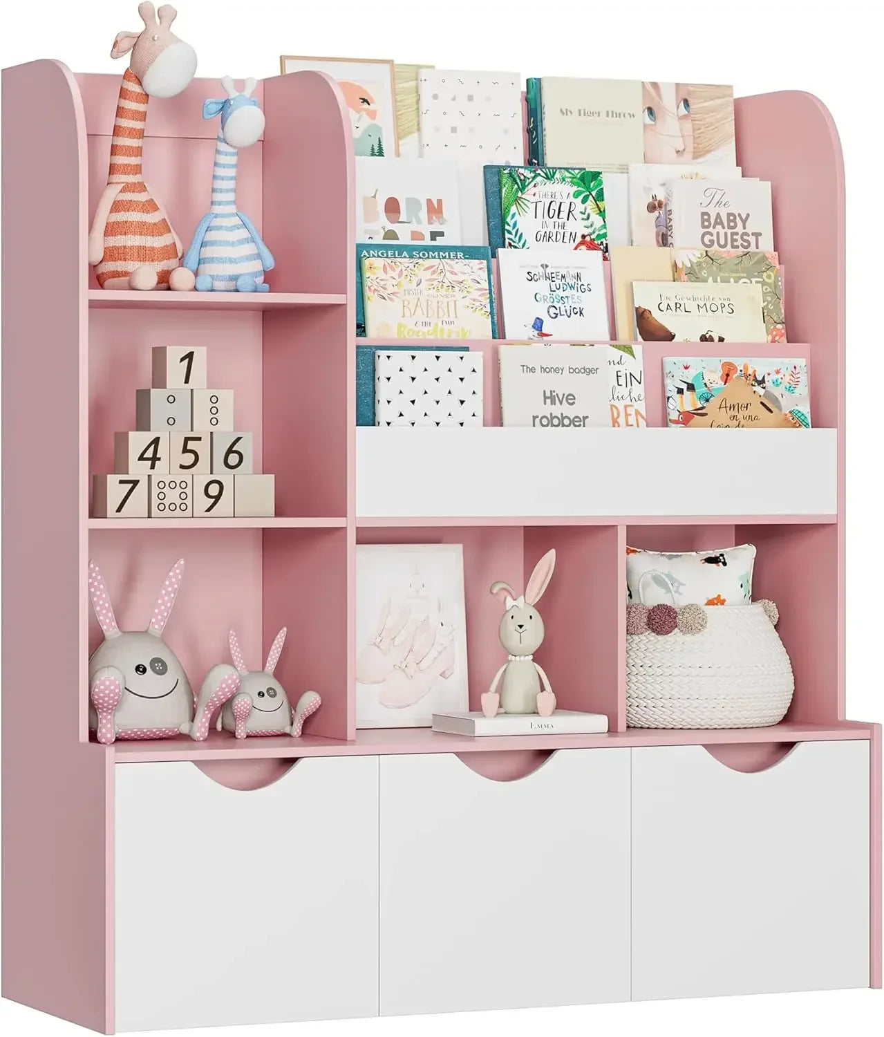 Kids Multifunctional Bookcase & Bookshelf with 5 Storage Cubbies 4 Bookshelves & 3 Rollout Drawers, Rounded Corner Book & Toy Organizer