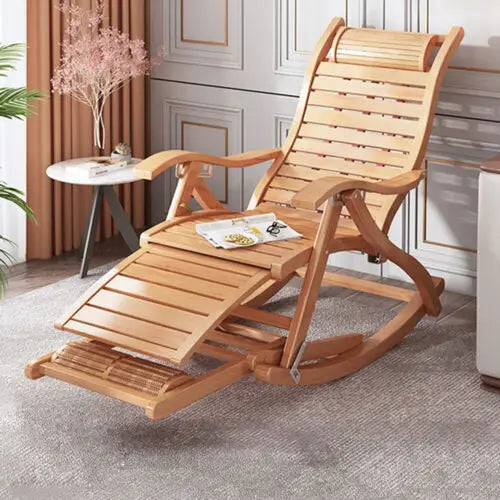 Heavy Duty Bamboo Rocking Lounger Chair with 5-Height Adjustable Backrest, Foot Massage Rolling Balls & Scientific Pillow Design