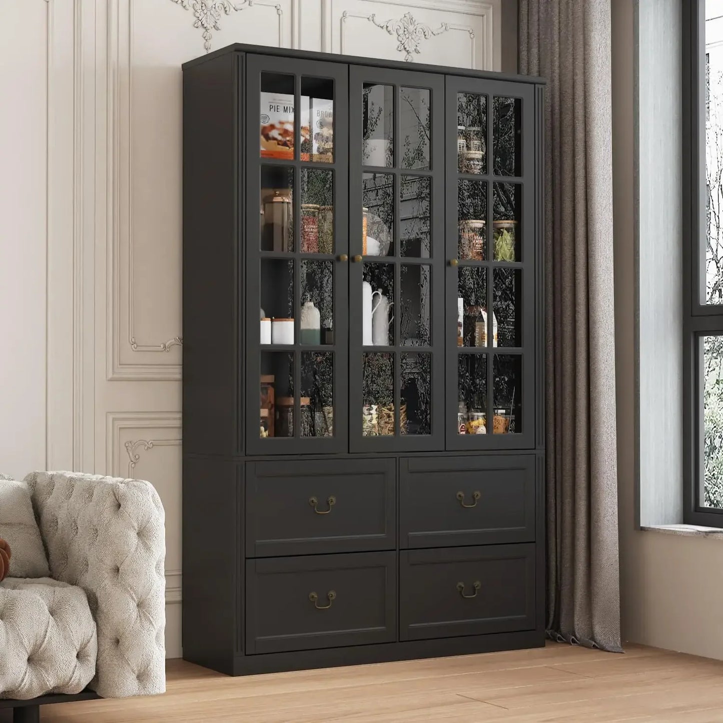 Display Cabinet Bookshelf 78.7' Tall with 8-Tier Shelves, 4 Drawers with Sliders & 3 Framed Glass Doors