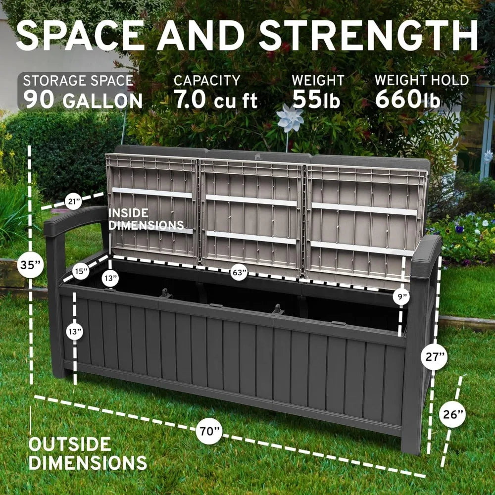 Weatherproof Resin Bench, 3 Seater, 90 Gallon Storage Capacity with Comfortable Armrests & Built-In Metal Seat Bars