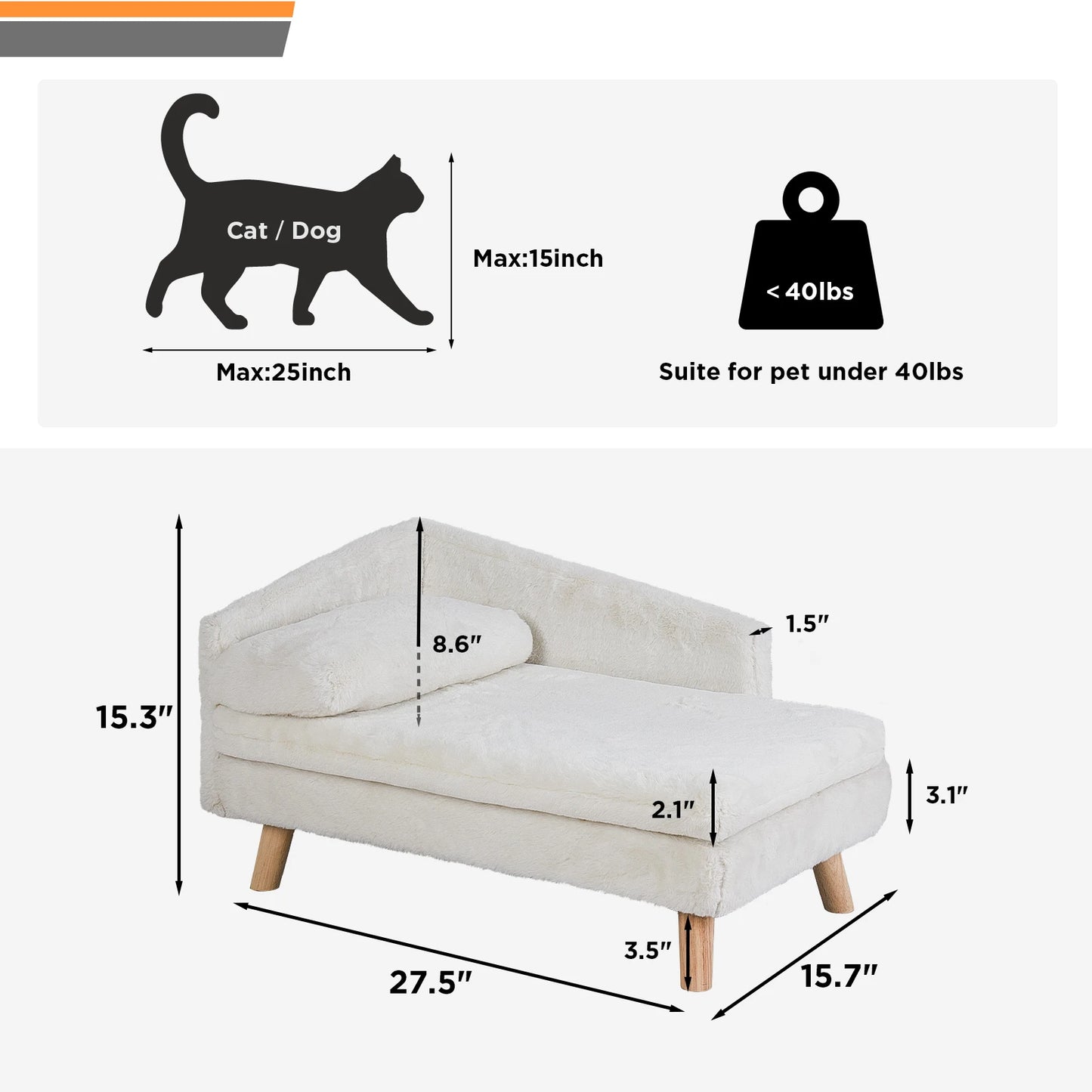 Elevated Pet Sofa Bed with Cushion Mattress, Pillow & Sturdy Wood Legs, Great for Cats & Small Dogs