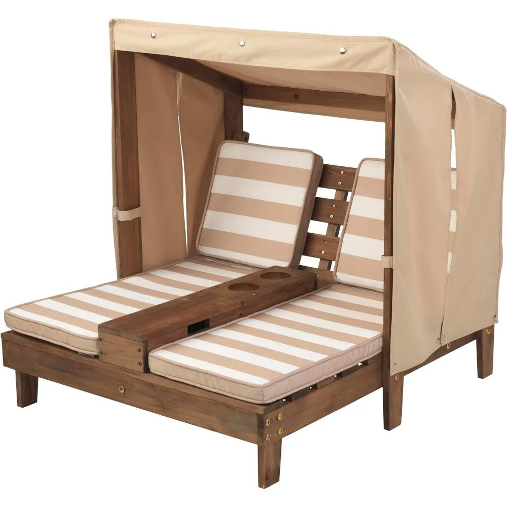 Kid's Outdoor Side-by-Side Lounge Chair with 3-Sided Awning, Hidden Storage & Cup Holders