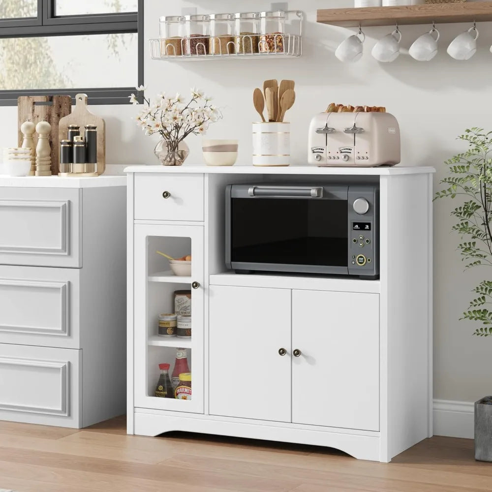 Kitchen Storage Cabinet with 2 Cupboards, 1 Drawer & Open Space for Microwave, Buffet Cabinet with Adjustable Shelves