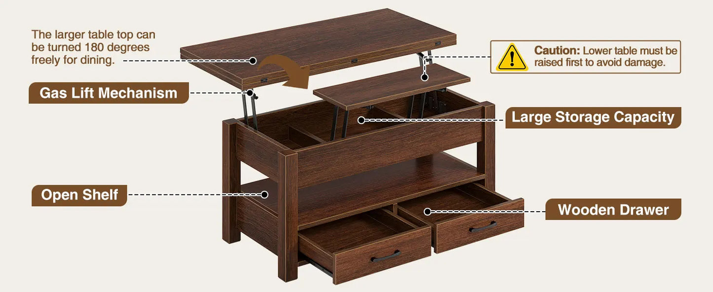 Split Lift Top Coffee Table with 3 Hidden Storage Areas & 2 Sliding Drawers, Multi-Functional Table for Smaller Rooms