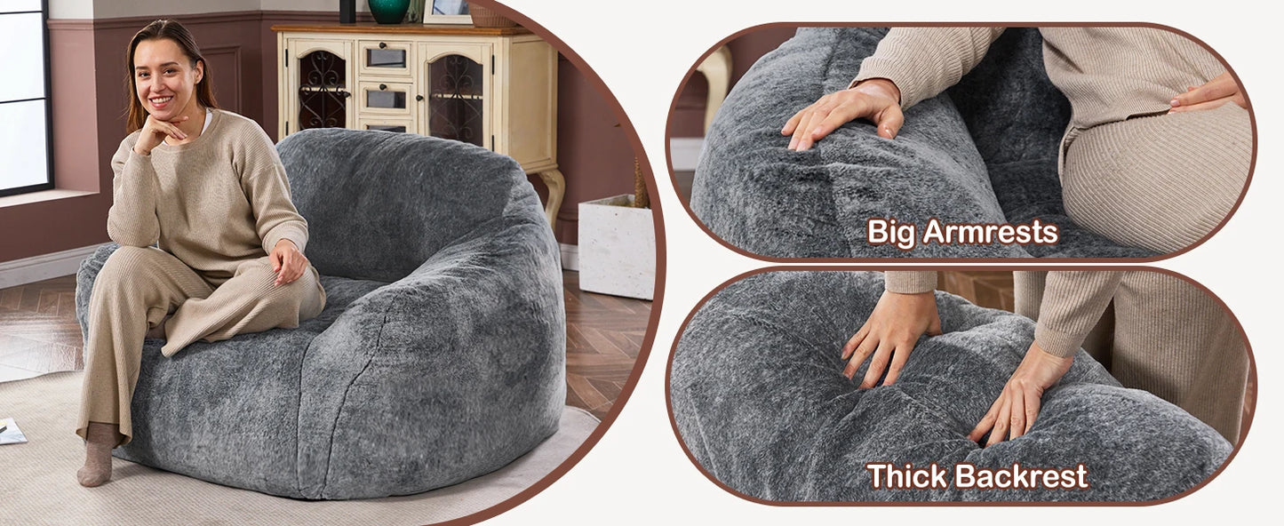 Beanbag Sofa Chair with Big Armrests & Ergonomic Thick Backrest, Soft Faux Fur Cover, High-Density Foam & Non-Slip Bottom Fabric