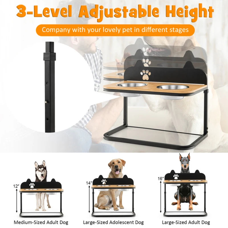 Adjustable 3 Height Metal Feeding Stand with 2 Stainless Steel Bowls, Promotes Healthy Eating Posture for Dogs