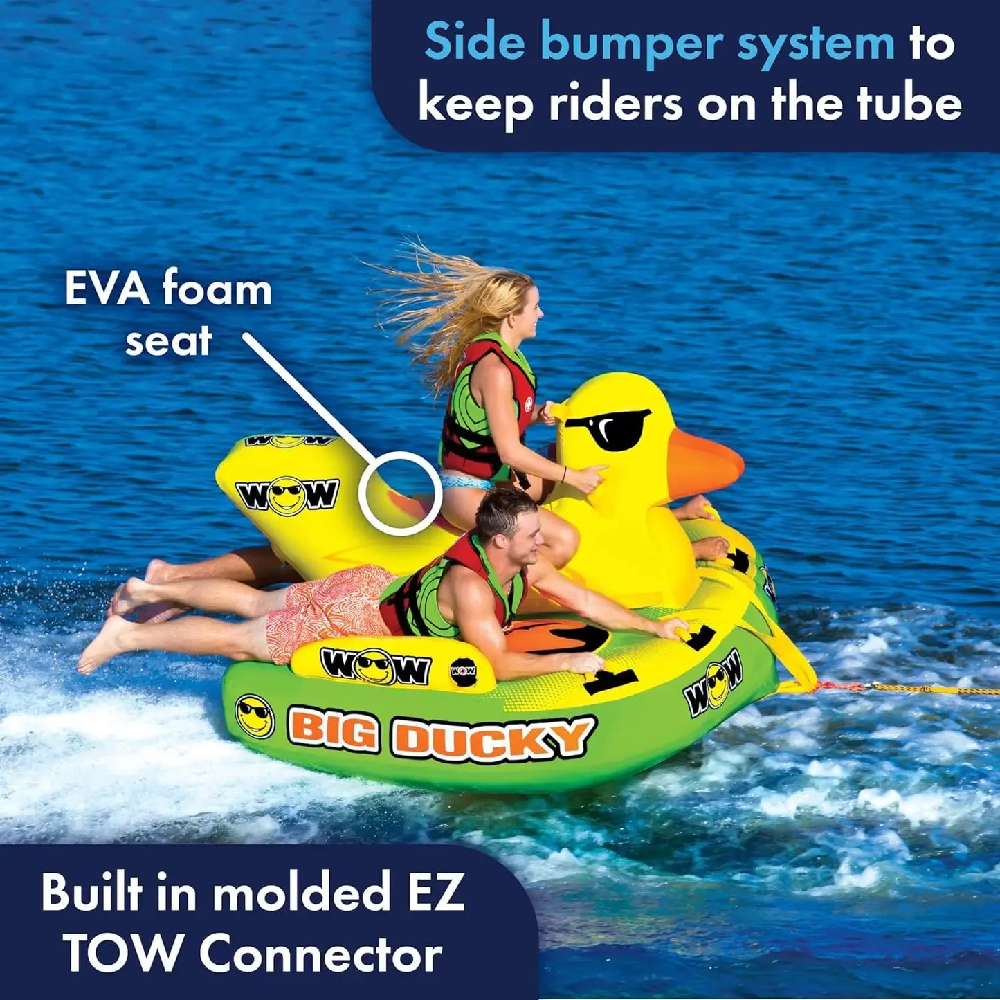 Big Ducky Towable Deck Tube for Boating, Foam Handles with EVA Knuckle Guards, 3-Point Tow System, Hi-Vis Color Design & Side Bumpers