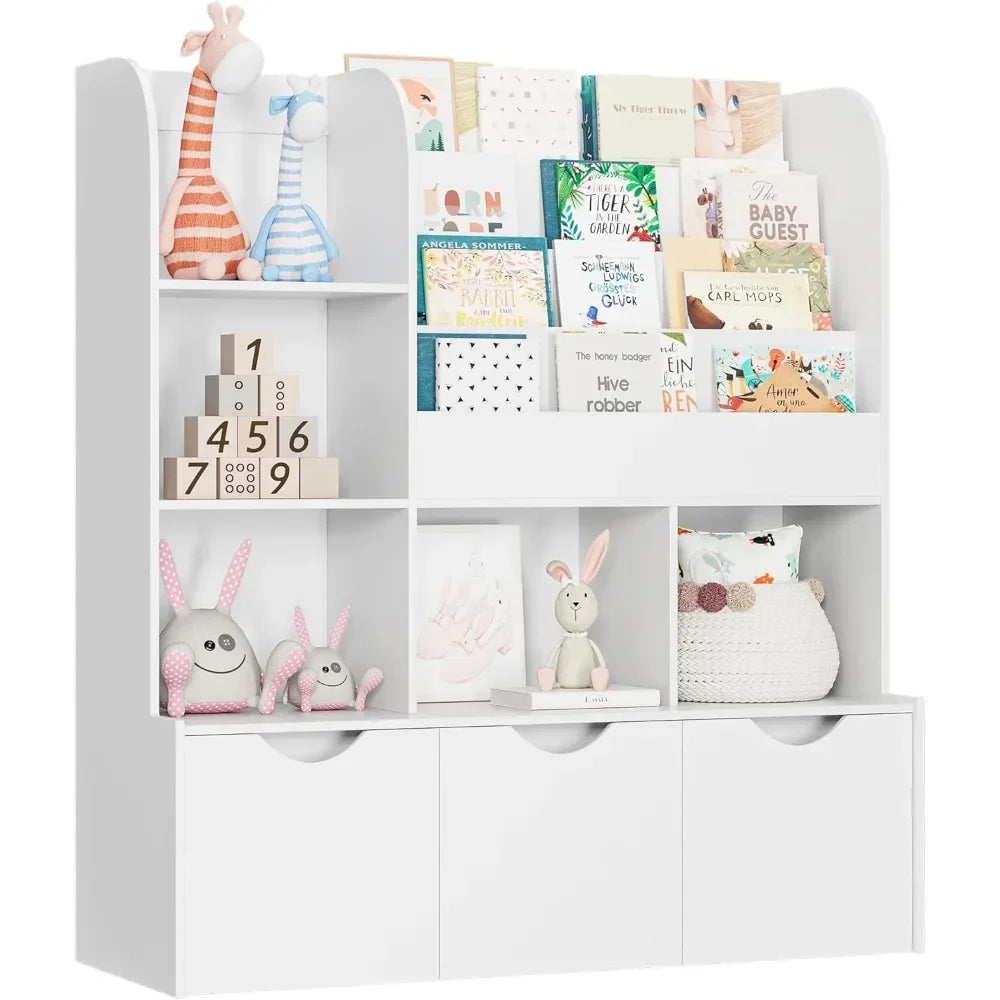 Kids Multifunctional Bookcase & Bookshelf with 5 Storage Cubbies 4 Bookshelves & 3 Rollout Drawers, Rounded Corner Book & Toy Organizer