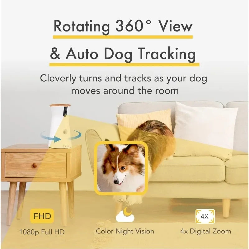 Rotating 360° View Pet Treat Camera with Phone App, Auto Dog Tracking, 2-Way Speaker, Night Vision & Barking Alerts