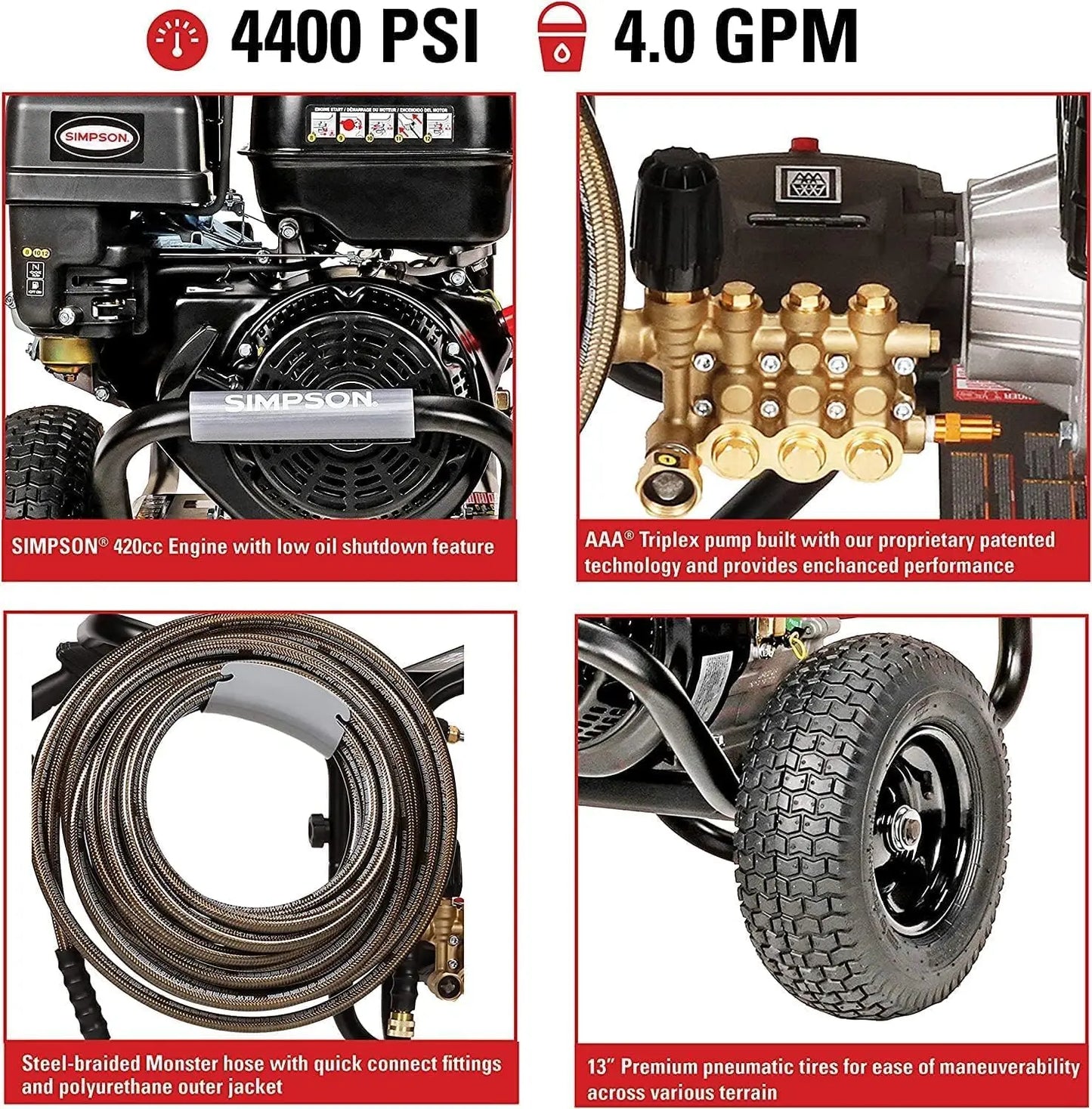 Pressure Washer 4400 PSI, 4.0 GPM, CRX 420cc Gas Engine, Includes Spray Gun & Extension Wand