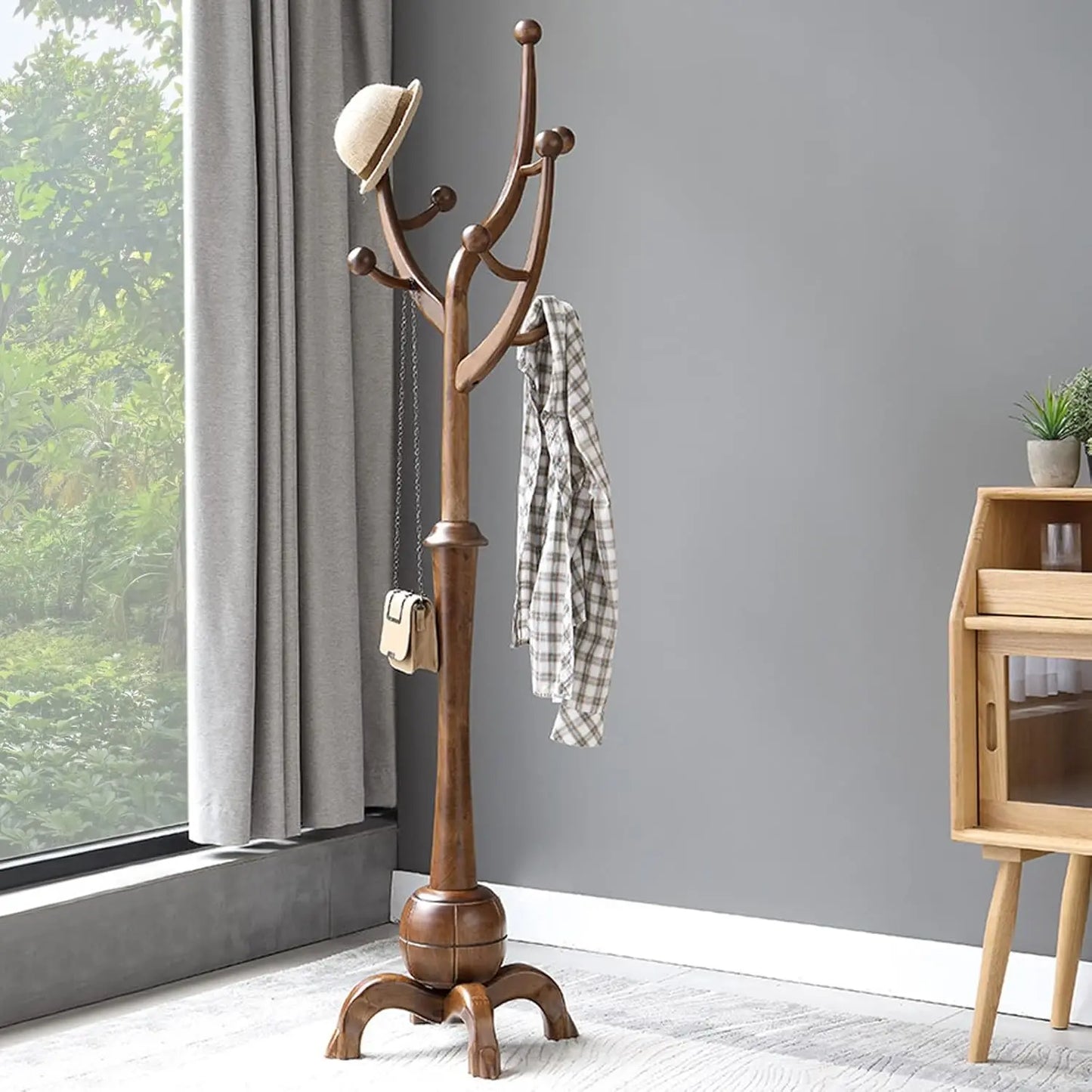 Freestanding  Wood Coat Rack with 8 Hooks & 4-Legged Ball-Shaped Base, Creative Tree Branch-Style Design, Walnut Brown Finish