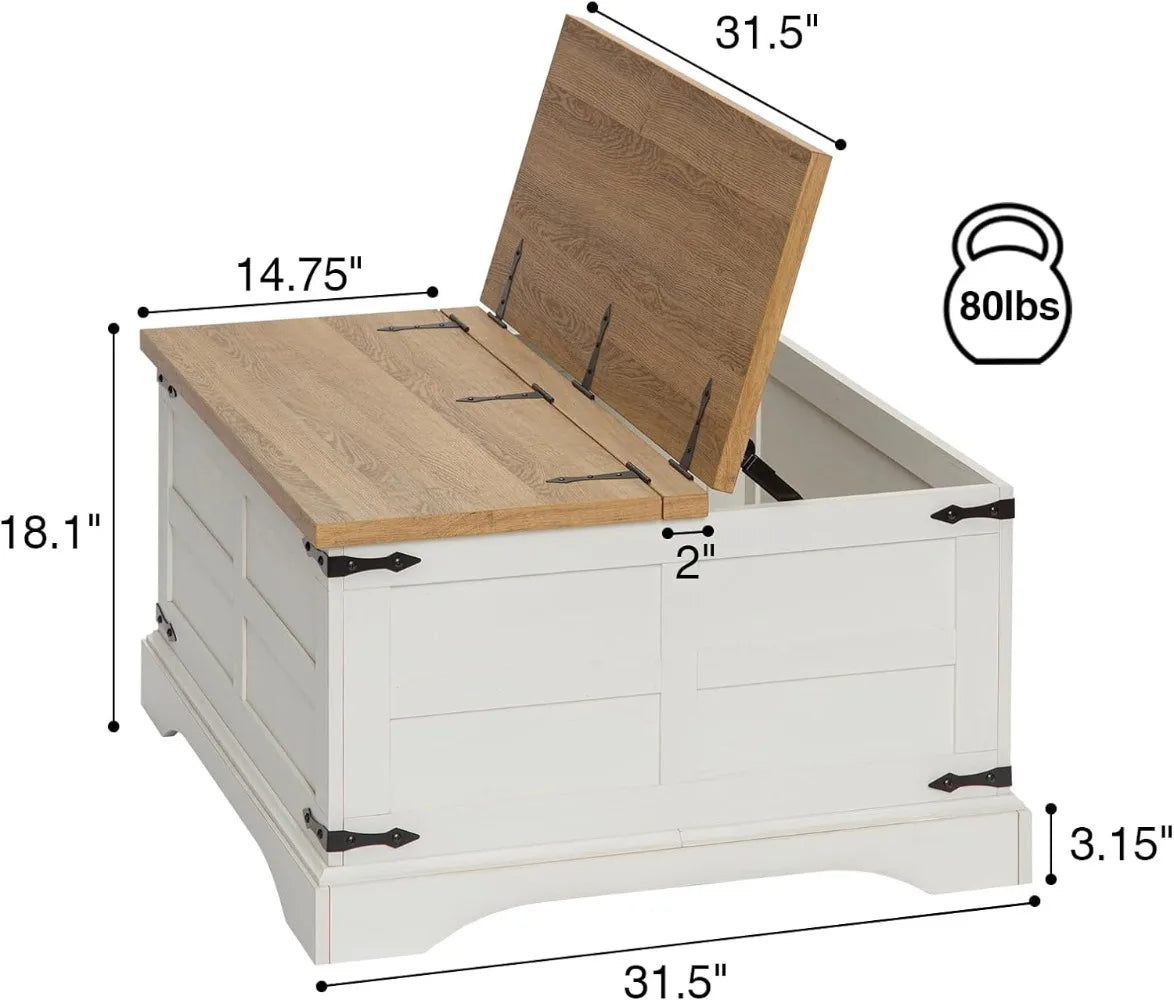 Farmhouse Square Coffee Table with 2 Lift Tops for Storage, Seashell White