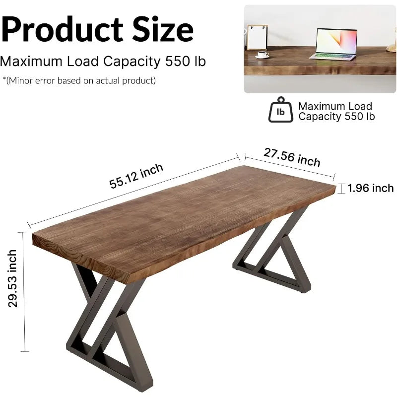 Solid Wood Classical Style Home Office Desk 55" with 1.96" Thick Tabletop, Z-Shape Design Metal Legs & 4 Adjustable Leg Pads