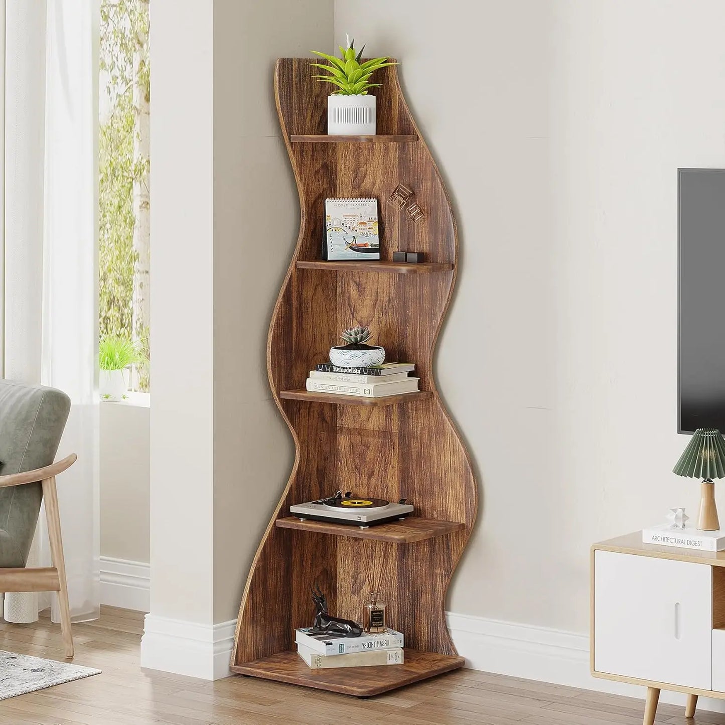 Rustic 5-Tier Wall Corner Shelf with Adjustable Shelves, Ample Storage Space without Using Much Floor Space, 2 Pieces