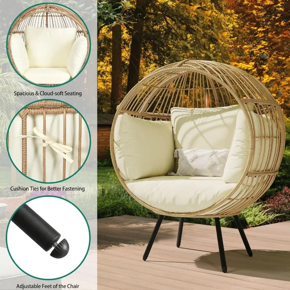 Indoor/Outdoor Wicker Egg Chair with Surround Support Cushions, Modern Round Basket Chair